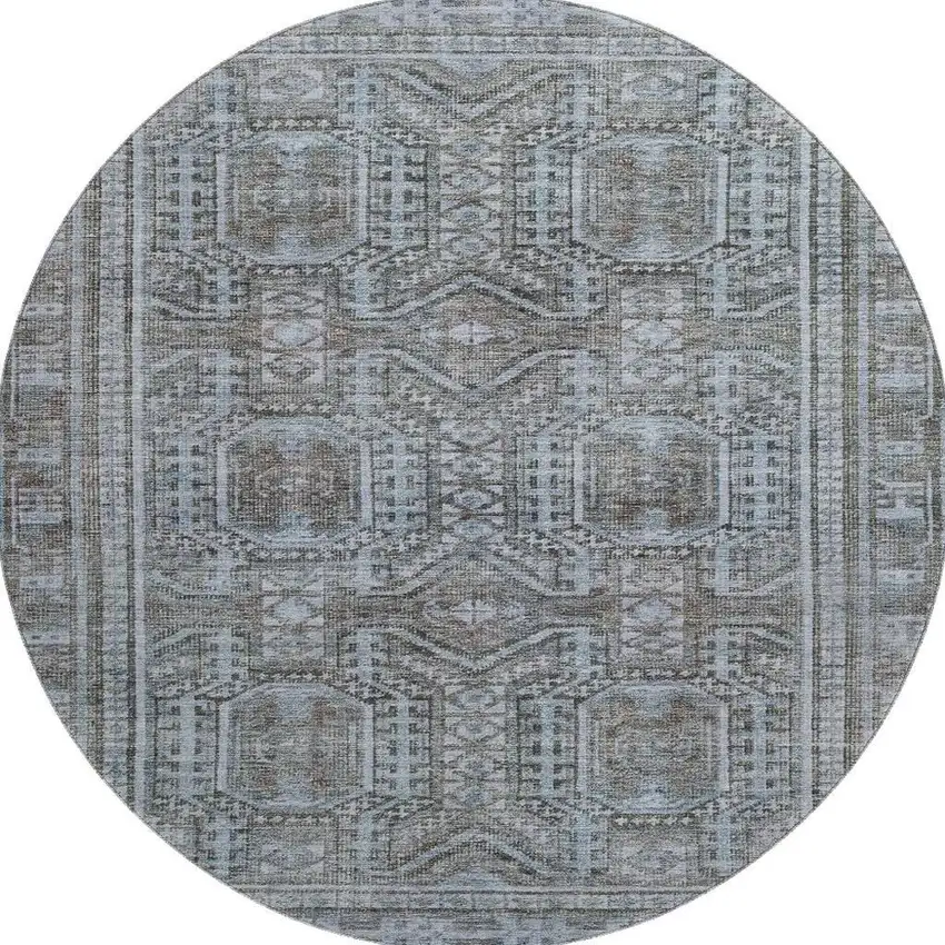 8' Chocolate And Blue Geometric Washable Round Rug With UV Protection Photo 4