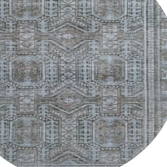 8' Chocolate And Blue Geometric Washable Round Rug With UV Protection Photo 3