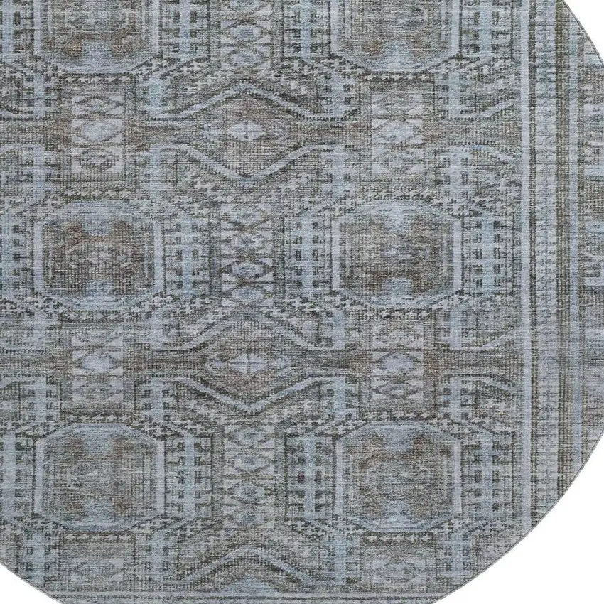 8' Chocolate And Blue Geometric Washable Round Rug With UV Protection Photo 3