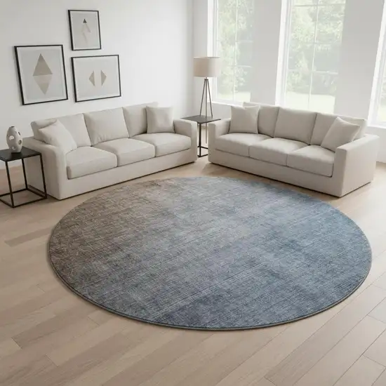 8' Chocolate And Blue Ombre Washable Round Rug With UV Protection Photo 2