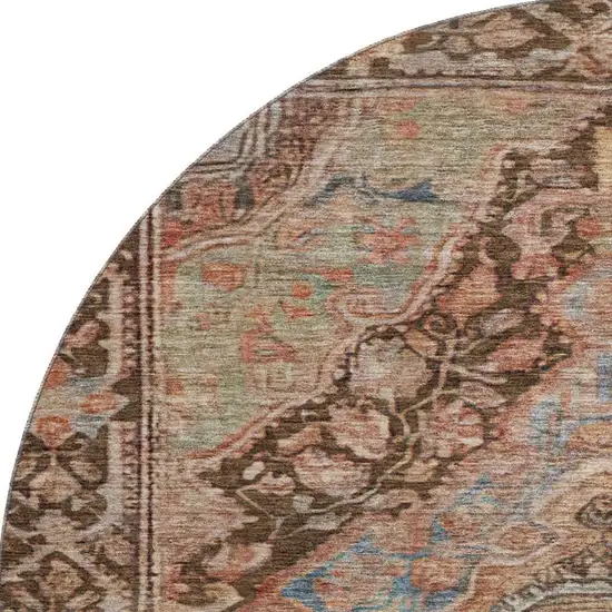 8' Chocolate And Blue Oriental Washable Round Rug With UV Protection Photo 3