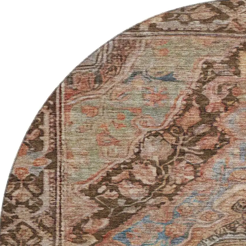 8' Chocolate And Blue Oriental Washable Round Rug With UV Protection Photo 3
