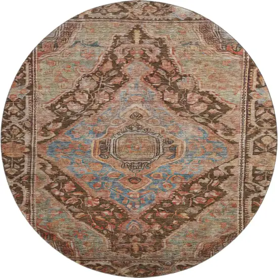 8' Chocolate And Blue Oriental Washable Round Rug With UV Protection Photo 1