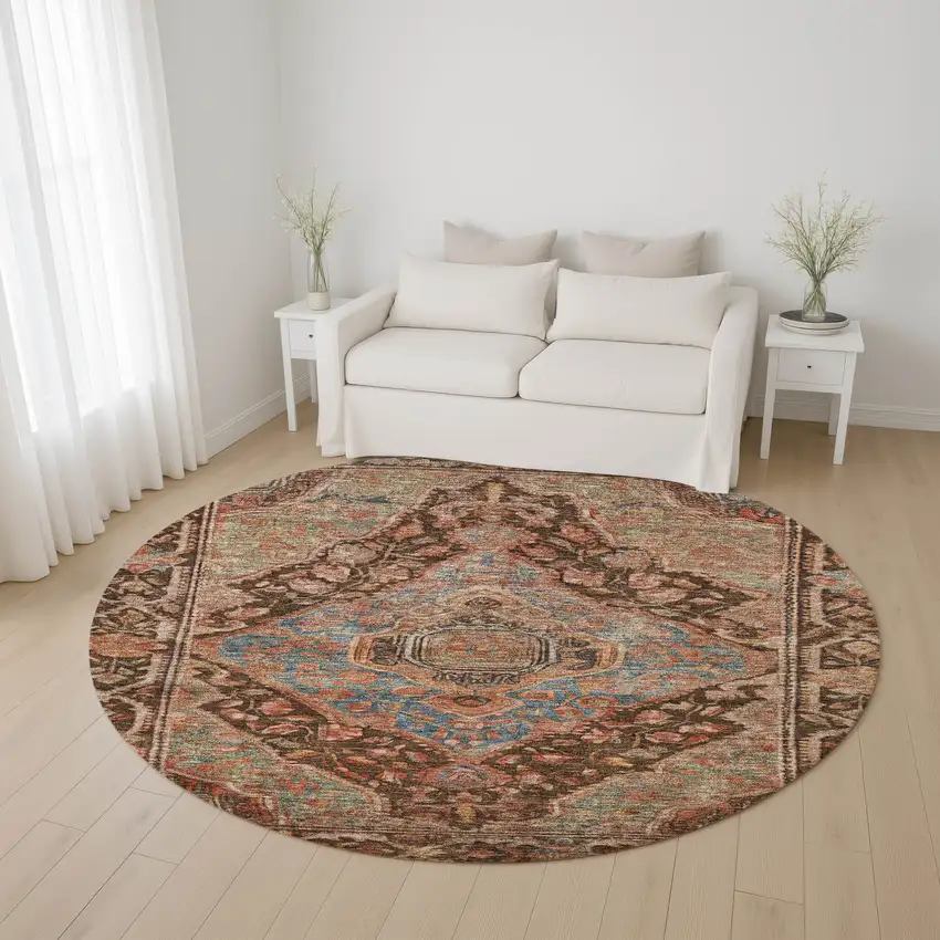 8' Chocolate And Blue Oriental Washable Round Rug With UV Protection Photo 4