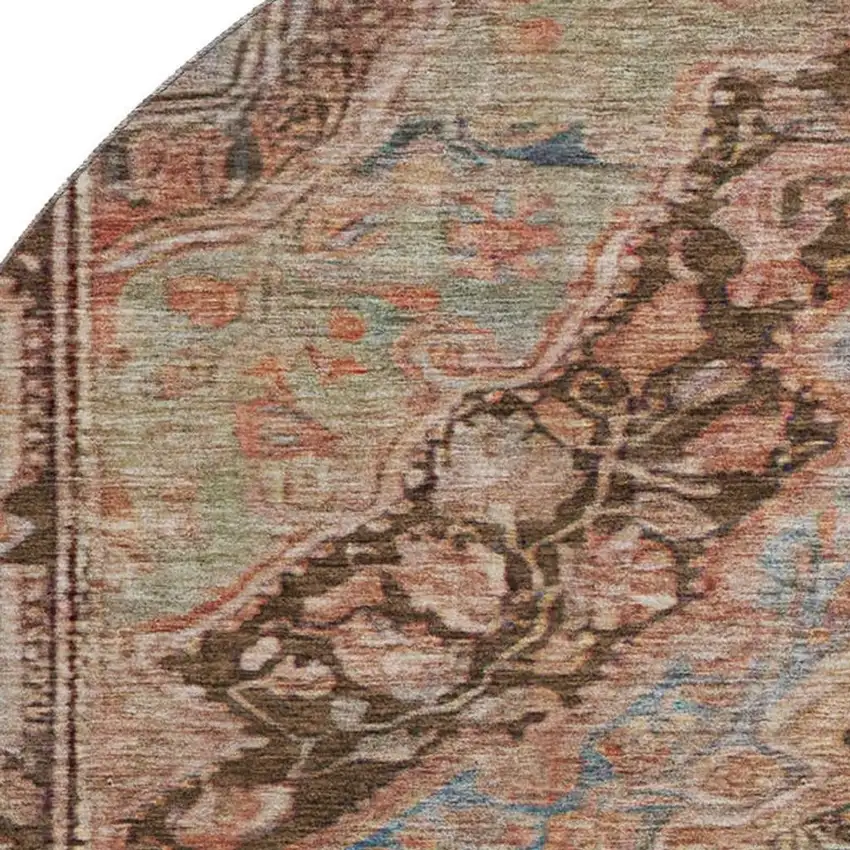 8' Chocolate And Blue Oriental Washable Round Rug With UV Protection Photo 2