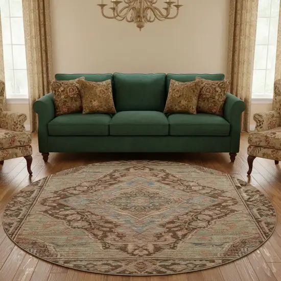 8' Chocolate And Blue Oriental Washable Round Rug With UV Protection Photo 2