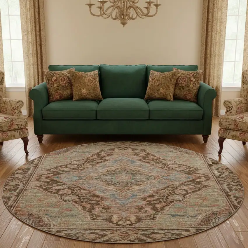 8' Chocolate And Blue Oriental Washable Round Rug With UV Protection Photo 2