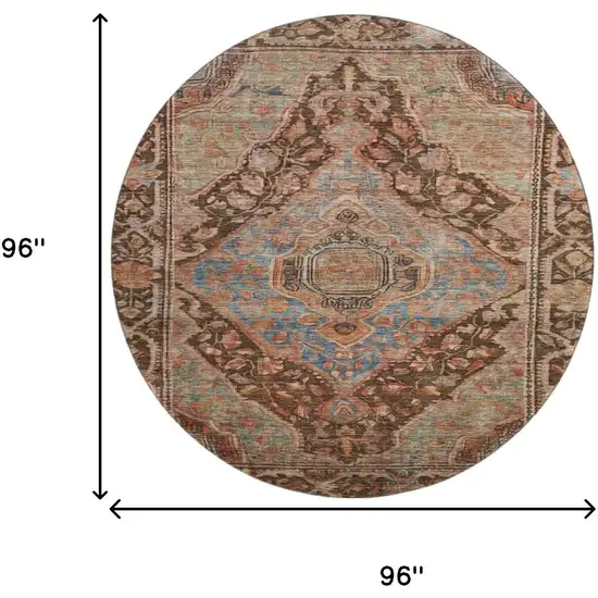 8' Chocolate And Blue Oriental Washable Round Rug With UV Protection Photo 9