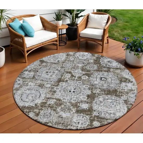 8' Chocolate And Blue Round Floral Washable Indoor Outdoor Area Rug Photo 1