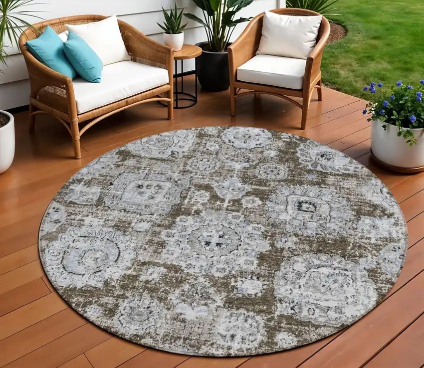 8' Chocolate And Blue Round Floral Washable Indoor Outdoor Area Rug Photo 1