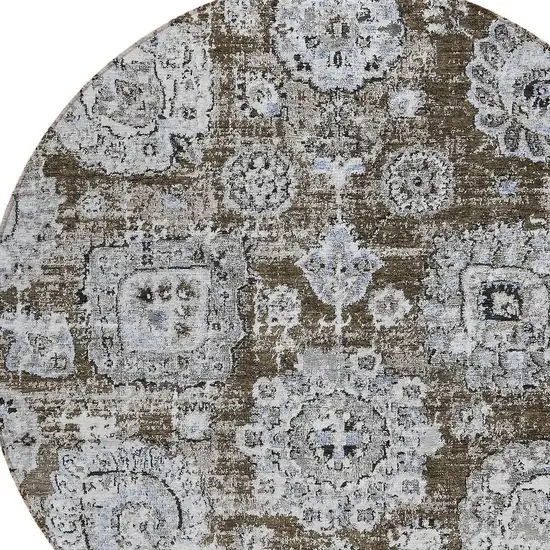 8' Chocolate And Blue Round Floral Washable Indoor Outdoor Area Rug Photo 4
