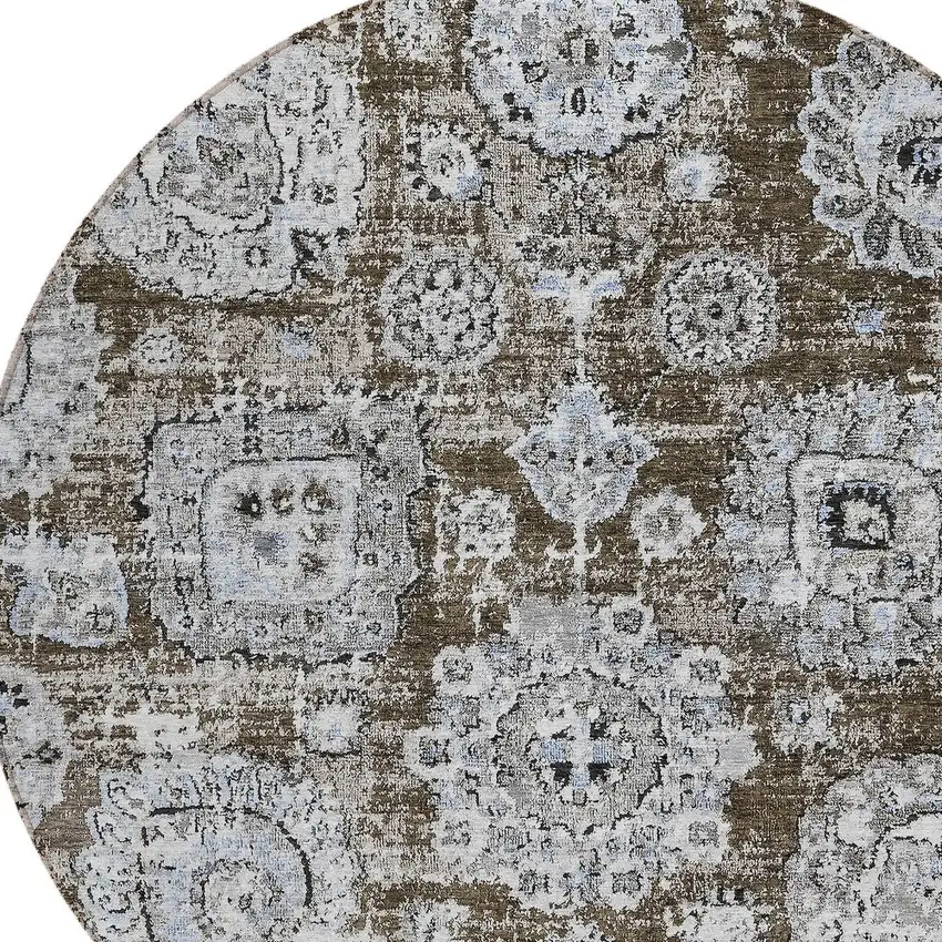 8' Chocolate And Blue Round Floral Washable Indoor Outdoor Area Rug Photo 4