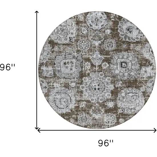8' Chocolate And Blue Round Floral Washable Indoor Outdoor Area Rug Photo 8
