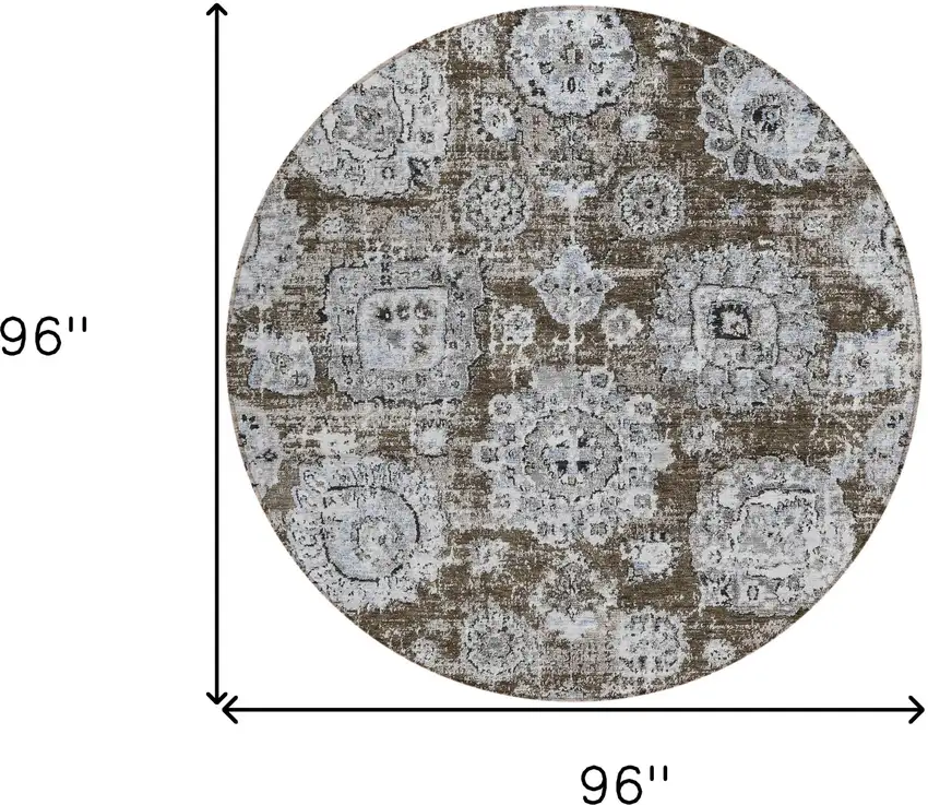 8' Chocolate And Blue Round Floral Washable Indoor Outdoor Area Rug Photo 8
