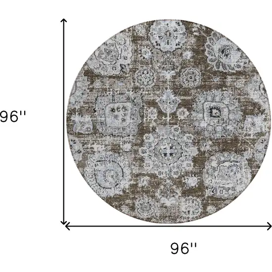 8' Chocolate And Blue Round Floral Washable Indoor Outdoor Area Rug Photo 8