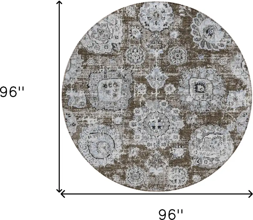 8' Chocolate And Blue Round Floral Washable Indoor Outdoor Area Rug Photo 8