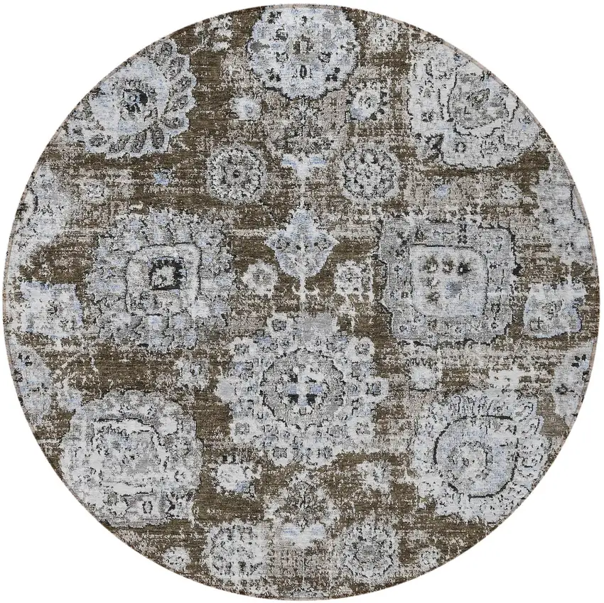 8' Chocolate And Blue Round Floral Washable Indoor Outdoor Area Rug Photo 5