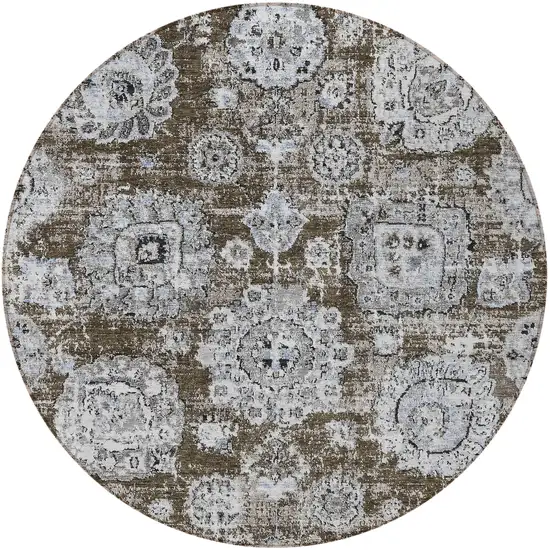 8' Chocolate And Blue Round Floral Washable Indoor Outdoor Area Rug Photo 5
