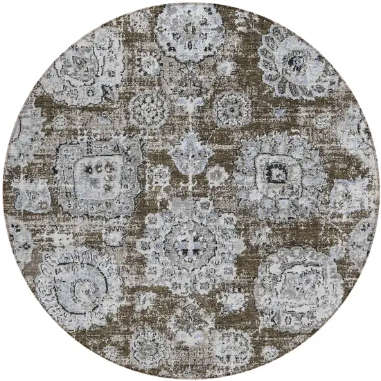 8' Chocolate And Blue Round Floral Washable Indoor Outdoor Area Rug Photo 1