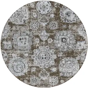 Photo of 8' Chocolate And Blue Round Floral Washable Indoor Outdoor Area Rug