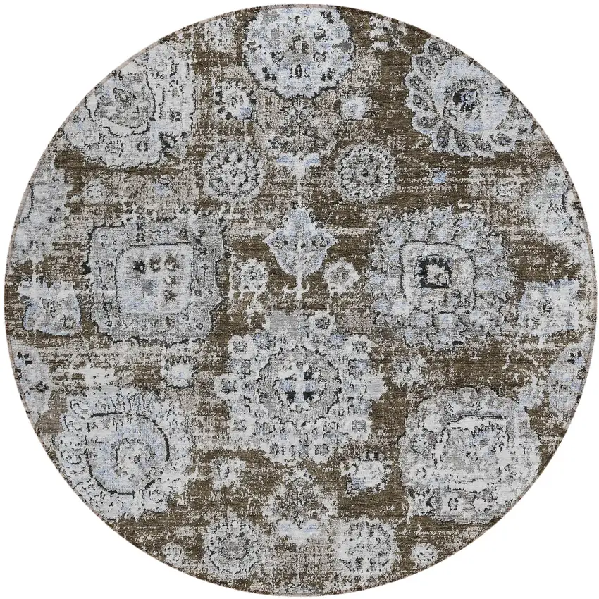 8' Chocolate And Blue Round Floral Washable Indoor Outdoor Area Rug Photo 1