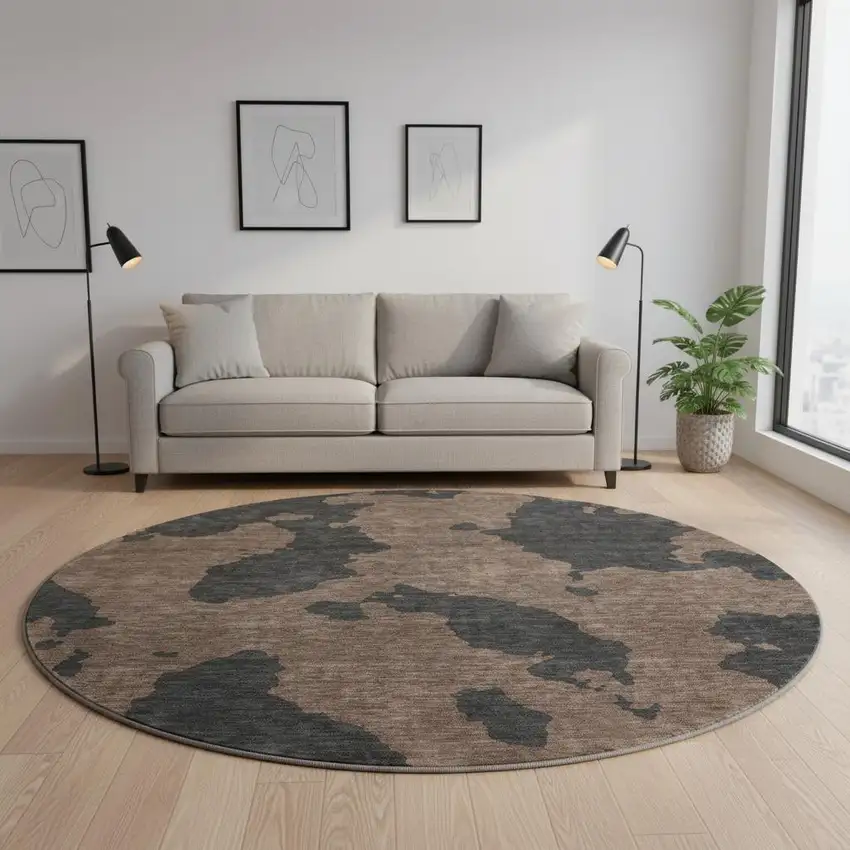 8' Chocolate And Brown Abstract Washable Round Rug With UV Protection Photo 2