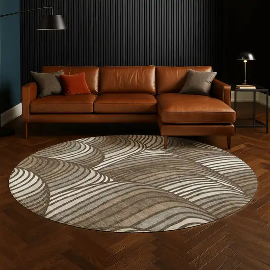 8' Chocolate And Brown Round Abstract Washable Indoor Outdoor Area Rug Photo 5