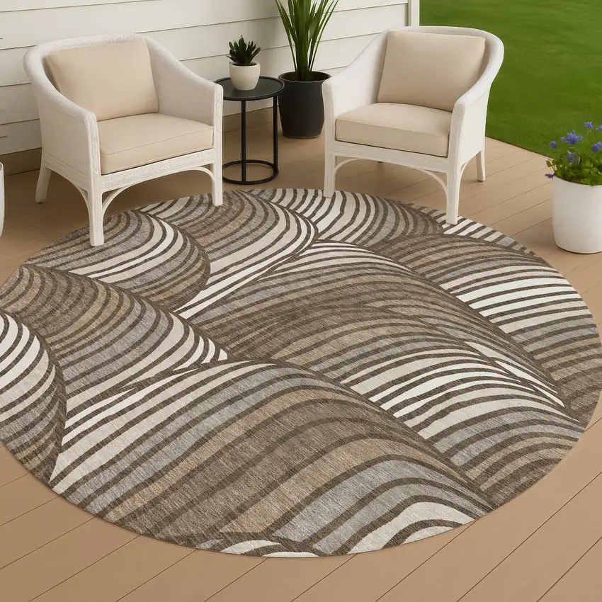 8' Chocolate And Brown Round Abstract Washable Indoor Outdoor Area Rug Photo 4