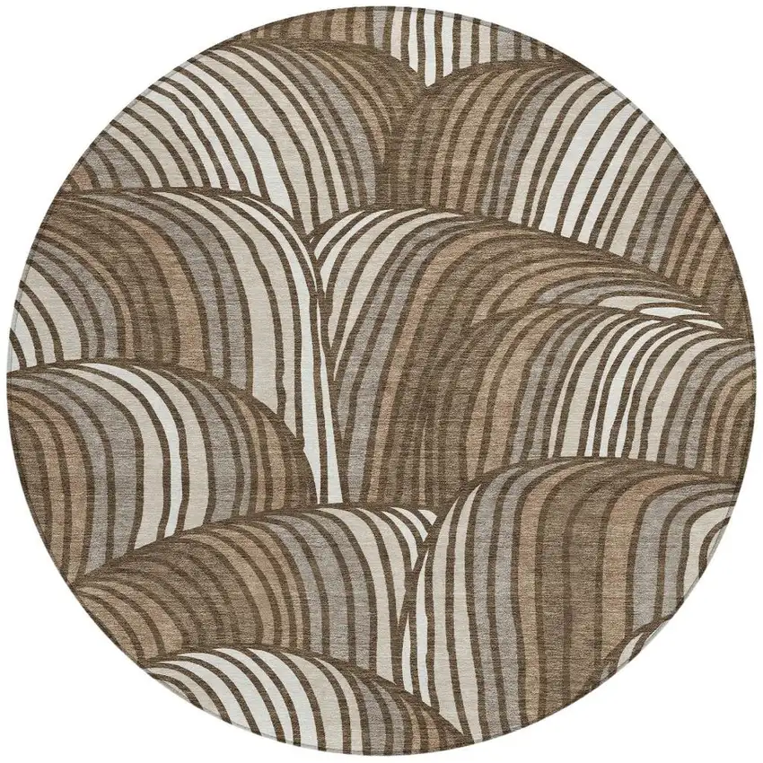 8' Chocolate And Brown Round Abstract Washable Indoor Outdoor Area Rug Photo 3