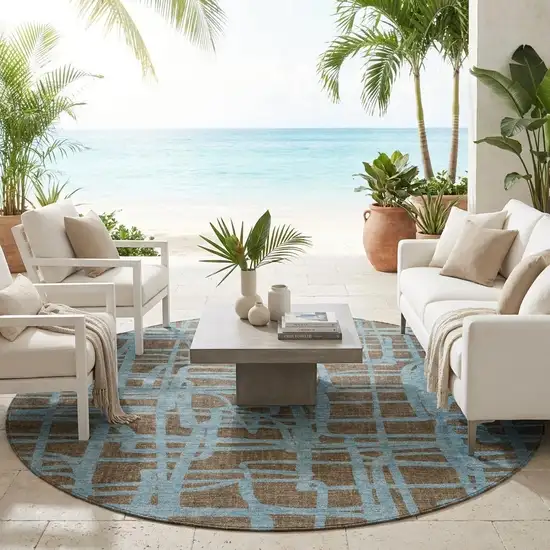 8' Chocolate And Brown Round Abstract Washable Indoor Outdoor Area Rug Photo 1