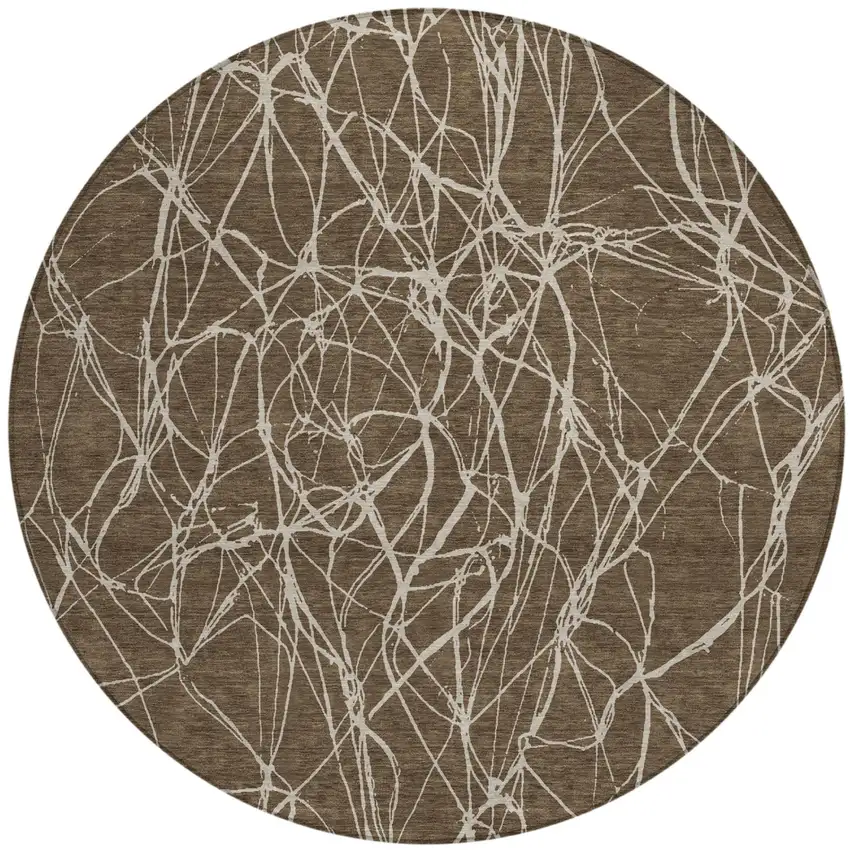 8' Chocolate And Brown Round Abstract Washable Indoor Outdoor Area Rug Photo 2