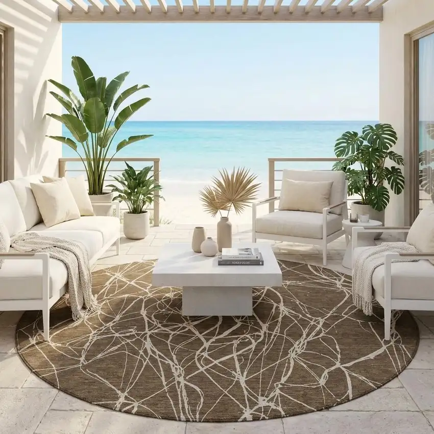 8' Chocolate And Brown Round Abstract Washable Indoor Outdoor Area Rug Photo 1