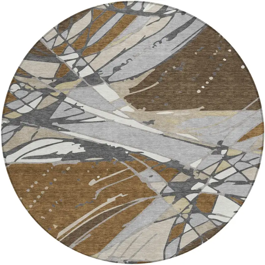 8' Chocolate And Brown Round Abstract Washable Indoor Outdoor Area Rug Photo 3