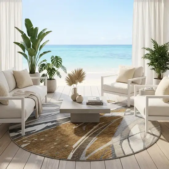 8' Chocolate And Brown Round Abstract Washable Indoor Outdoor Area Rug Photo 1
