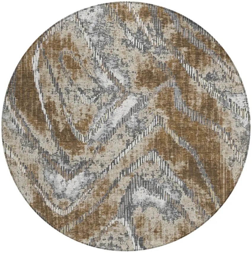 8' Chocolate And Brown Round Abstract Washable Indoor Outdoor Area Rug Photo 1