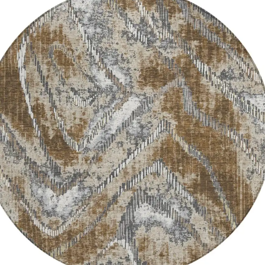 8' Chocolate And Brown Round Abstract Washable Indoor Outdoor Area Rug Photo 2
