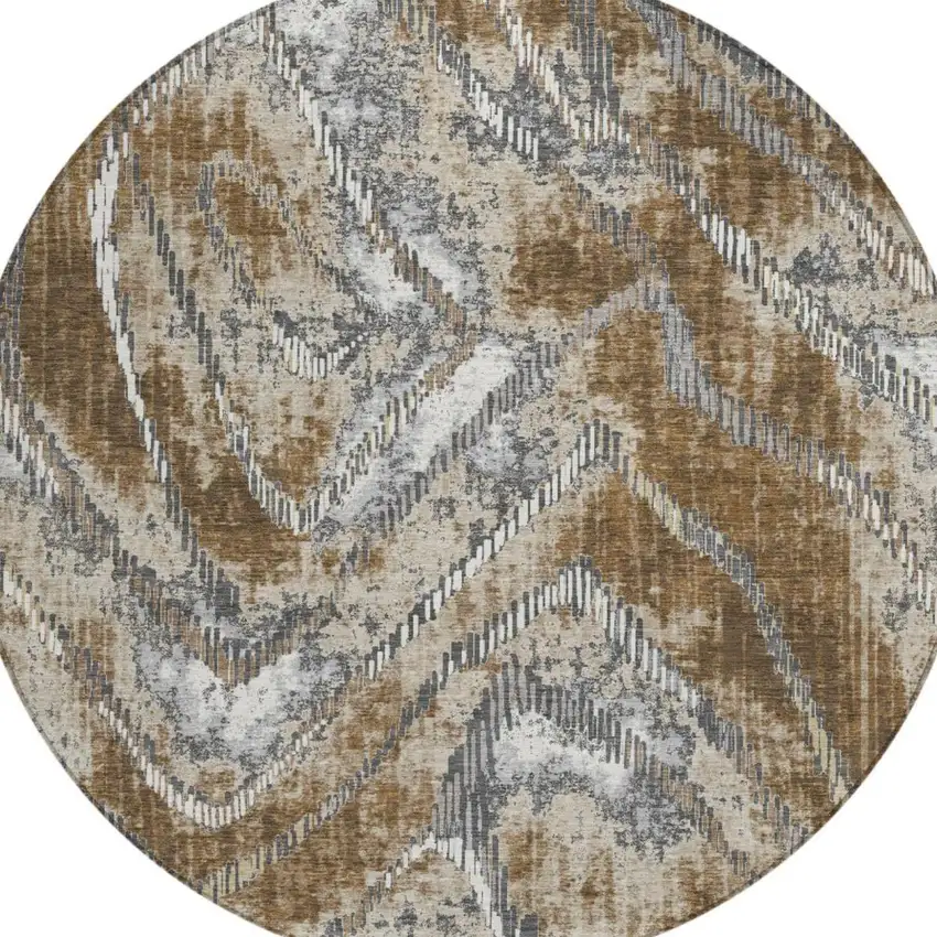 8' Chocolate And Brown Round Abstract Washable Indoor Outdoor Area Rug Photo 3