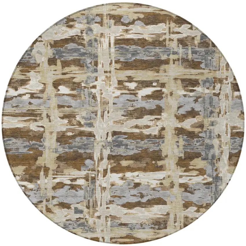 8' Chocolate And Brown Round Abstract Washable Indoor Outdoor Area Rug Photo 3