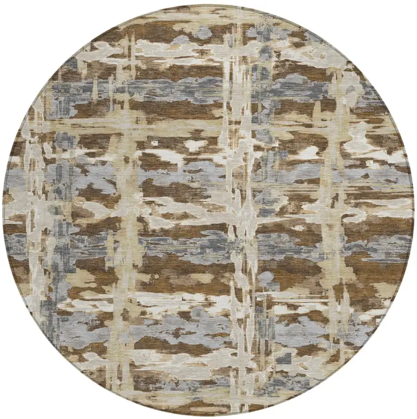 8' Chocolate And Brown Round Abstract Washable Indoor Outdoor Area Rug Photo 2