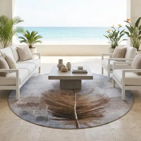 8' Chocolate And Brown Round Botanical Leaves Washable Indoor Outdoor Area Rug Photo 1