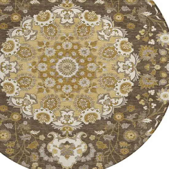 8' Chocolate And Brown Round Damask Washable Indoor Outdoor Area Rug Photo 3