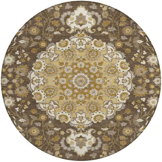 8' Chocolate And Brown Round Damask Washable Indoor Outdoor Area Rug Photo 1