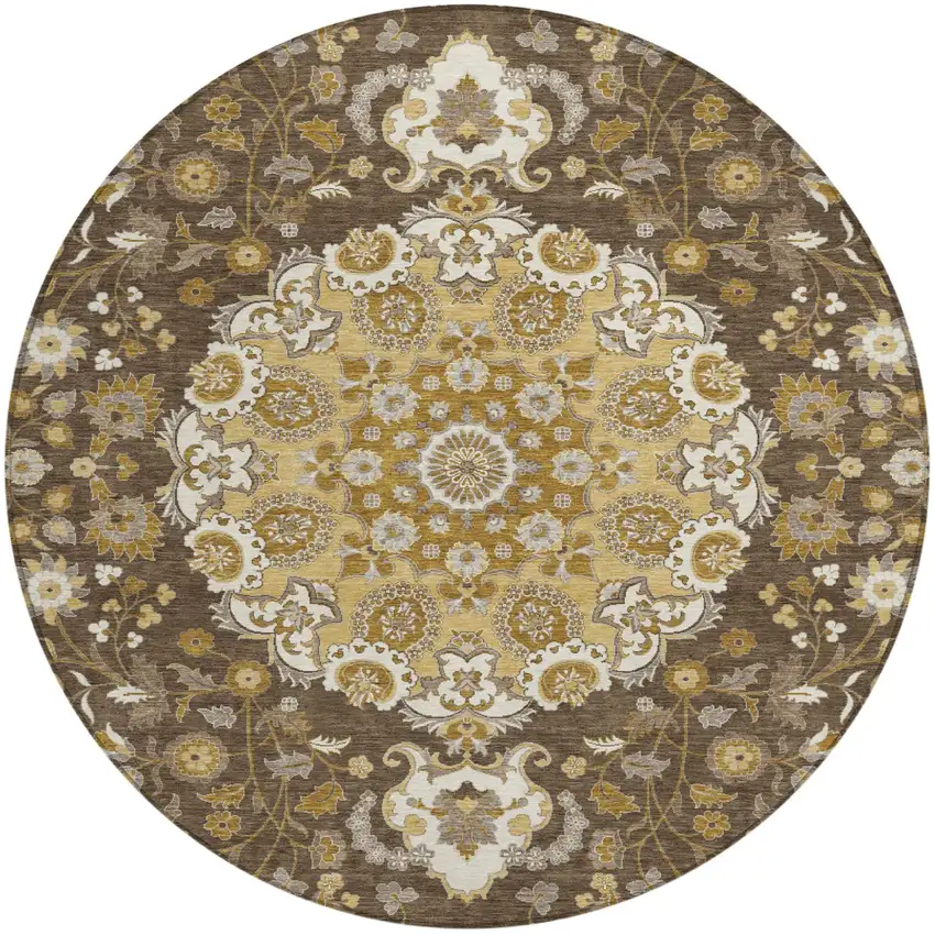 8' Chocolate And Brown Round Damask Washable Indoor Outdoor Area Rug Photo 1