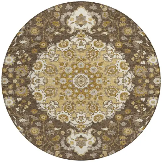 8' Chocolate And Brown Round Damask Washable Indoor Outdoor Area Rug Photo 2