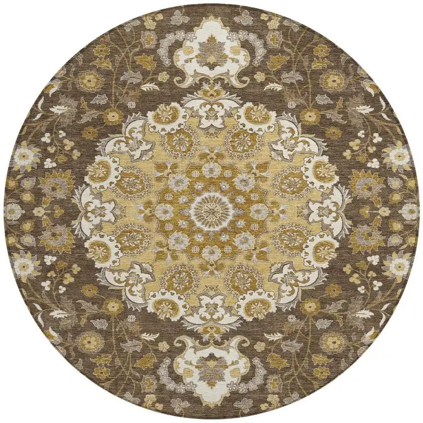 8' Chocolate And Brown Round Damask Washable Indoor Outdoor Area Rug Photo 2