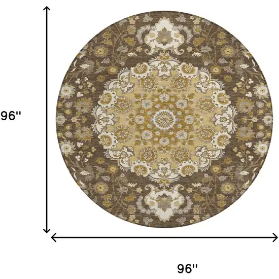 8' Chocolate And Brown Round Damask Washable Indoor Outdoor Area Rug Photo 6