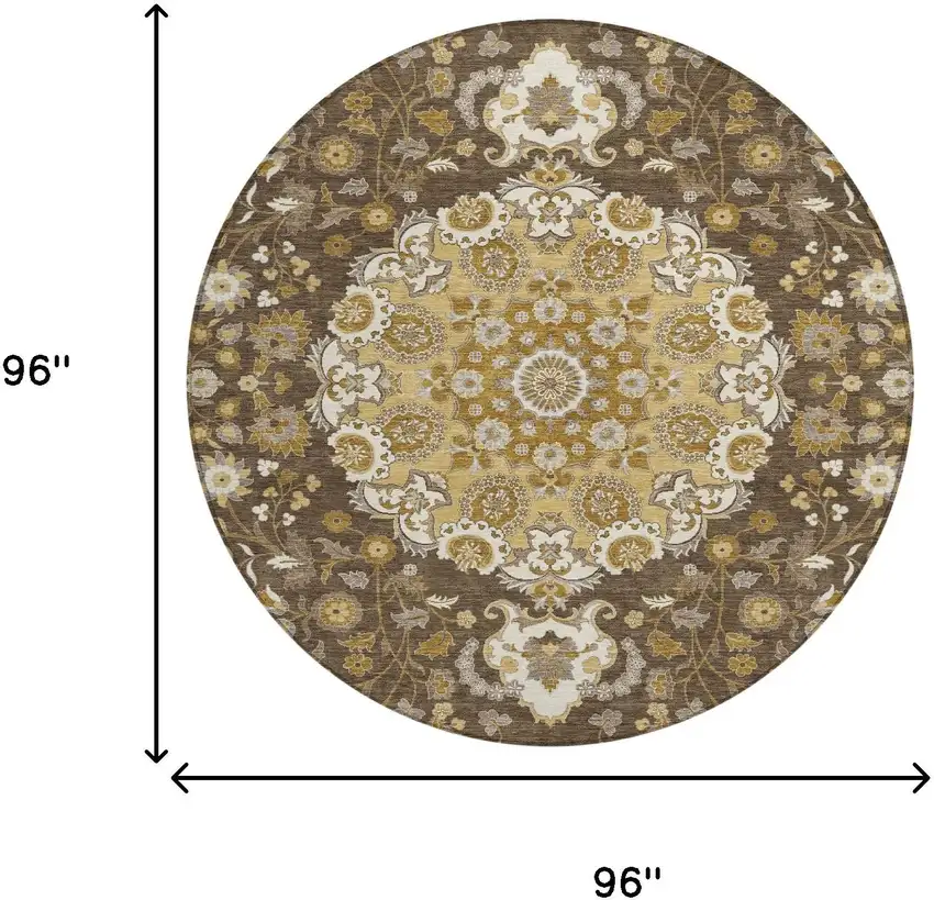 8' Chocolate And Brown Round Damask Washable Indoor Outdoor Area Rug Photo 6