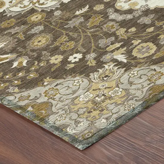 8' Chocolate And Brown Round Damask Washable Indoor Outdoor Area Rug Photo 4