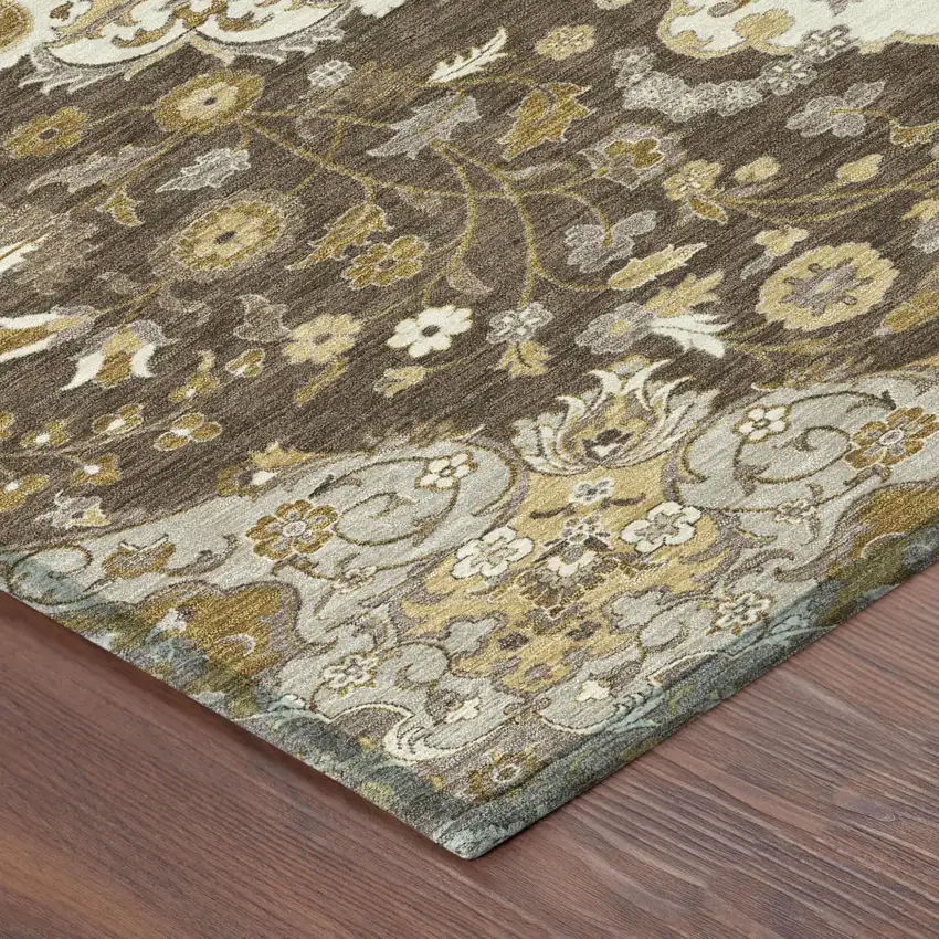 8' Chocolate And Brown Round Damask Washable Indoor Outdoor Area Rug Photo 4
