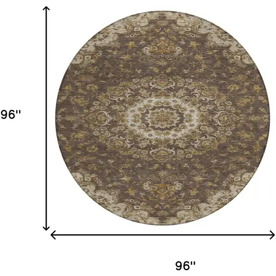 8' Chocolate And Brown Round Floral Medallion Washable Indoor Outdoor Area Rug Photo 8